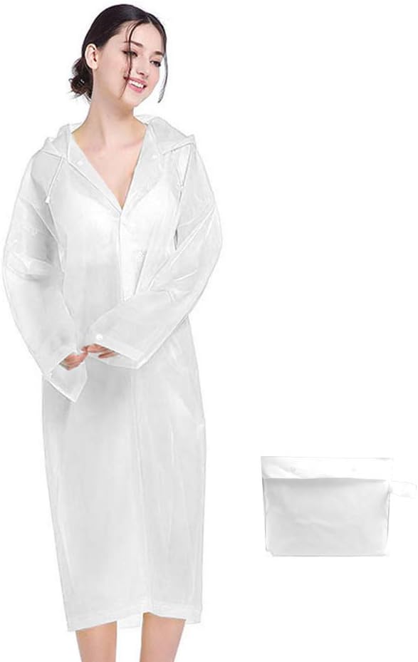 Rain Coat,Clear and Reusable EVA Rain Poncho Adult Waterproof, Transparent Raincoats Emergency Poncho with Hoods and Sleeves Unisex Rainwear Poncho for Outdoors Activities (White, XL)