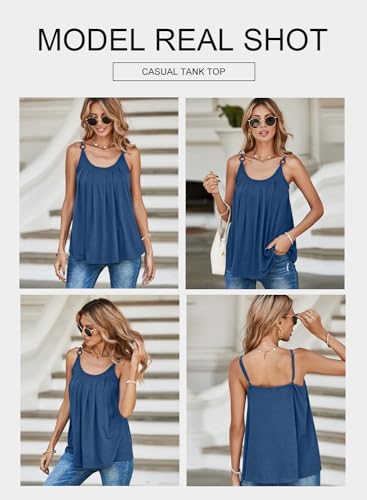 BLENCOT TANK TOP FOR WOMEN PLEATED SPAGHETTI STRAP CAMISOLE SUMMER SCOOP NECK LOOSE FIT CASUAL SLEEVELESS SHIRTS BLUE L
