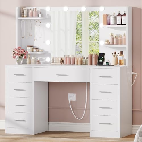 TEENFON Large Vanity Desk with 9 Drawers & Power Outlet, 6 Open Shelves and 5 Jewel Hooks, Makeup Vanity with Lighted Mirror, 3-Color LED & Adjustable Brightness, Dressing Table for Bedroom, White