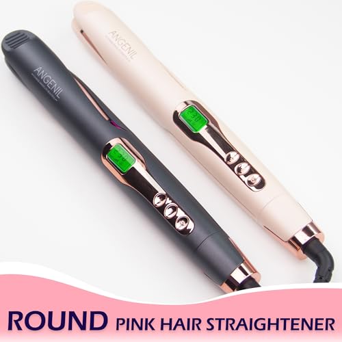 ANGENIL Pro Twist Flat Iron Hair Straightener and Curler 2 in 1, Dual Voltage Hair Iron with Heat Resistant Mat, Round Pink Hair Straightener, 20S Fast Heating, Adjustable 260-450°F for All Hair Types