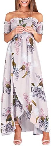 Ruici Womens Summer Floral Off The Shoulder Split Chiffon Maxi Flowy Beach Dress
