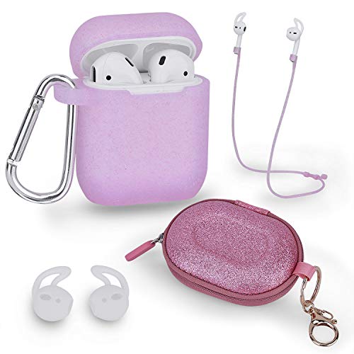 Airpods Case, Filoto Airpods Accessories for Apple Airpods 2&1 Charging Case Protective Silicone Cover with Keychain/Strap/Earhooks/Storage Carrying Bag, Best Gift for Girls & Women, Glittery Pink
