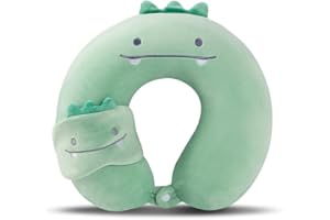 MISSSOUL Kids Neck Pillow for Travel with Sleep Eye Mask, Cute Travel Neck Pillow, Memory Foam Flight Sleeping Headrest Pillow for Boys & Girls, Airplane, Train, Car, Home Use - Green Dinosaur