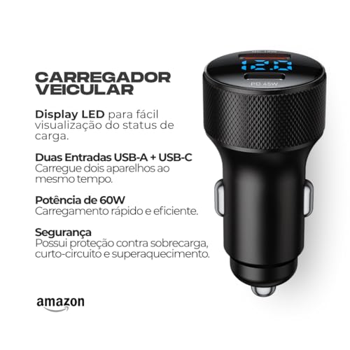 Carregador Veicular para Automóvel Turbo 60W com Duas Entradas, Carregamento Super Rápido + Cabo USB-C Premium Compatível com Dispositivos iOS e Android