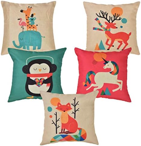 Kridhay Natura Life Cotton/Jute Multi Colored Decorative Hand Made Christmas Pillow/Cushion Covers with HD Digital Print 16 inch x 16 inch (40 cm x 40 cm) -Set of 5