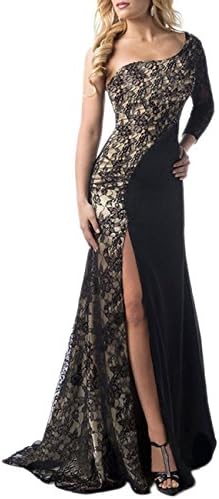 Scecent Women's Sexy One Shoulder Side Slit Lace Maxi Prom Evening Dress(Please Select One Size Smaller)