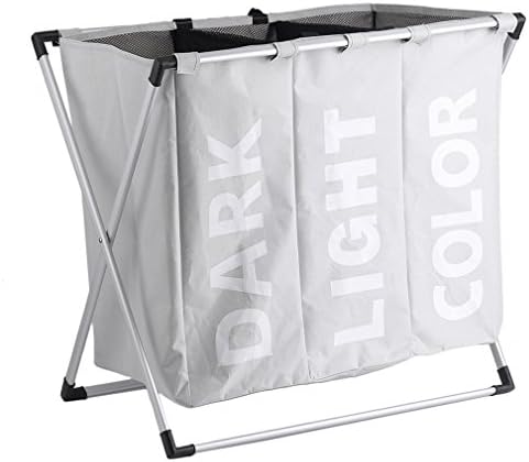 Chriskopher Foldable Practical Large Capacity 3 Section Laundry Washing Clothes Basket Hamper Sorter Folding Organiser with Handle for Bathroom Bedroom Home, Fabric Laundry Hamper Cream White