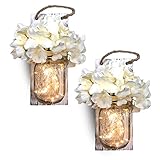 Mason Jar Sconces Wall Decor, Home Wall Decor for Living Room, Country Kitchen Decorations, Bathroom Wall Decor, Rustic Wall Sconce with LED Strip Lights and Hydrangea Flowers (Set of 2) Vintage Decor
