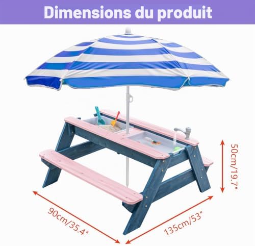 Kids - Table d'activités 3 en 1 en bois - Table de pique-nique convertible avec parapluie - 2 boîtes de jeu - Dessus amovible - Table de robinet d'extérieur - Rose marine