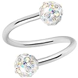 16 Gauge Ferido Crystal Ball Spiral Twister Ring (Eyebrow, Belly Ring, Nose and Ear),16 Gauge 1/2
