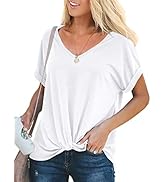 Bofell Womens Rolled Short Sleeve Tops V Neck T Shirts Summer Blouses Knot Front Tees