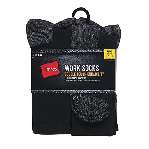 Hanes Men's Work, Cushioned Crew, Moisture-Wicking Socks & Odor Control, Black & White, 6 & 12 Pack Available