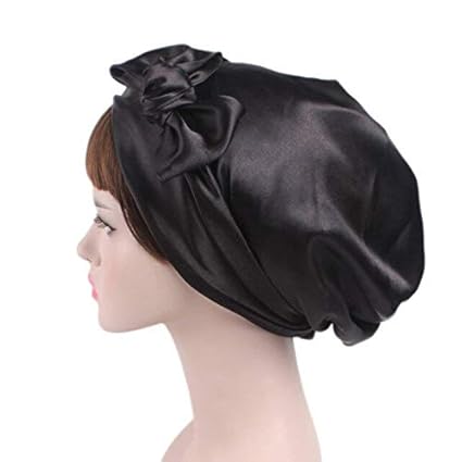 shrinika Soft Silk Women Night Sleep Shower Cap Adjustable Long Hair Care Bonnet Headwrap Hat(black)