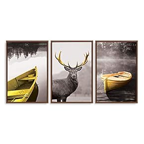 3 Panel Framed Canvas Wall Art for Living Room, Bedroom Deer with Gold Antlers Canvas Prints for Home Decoration Ready to Hang - 16"x24"x3 Panels