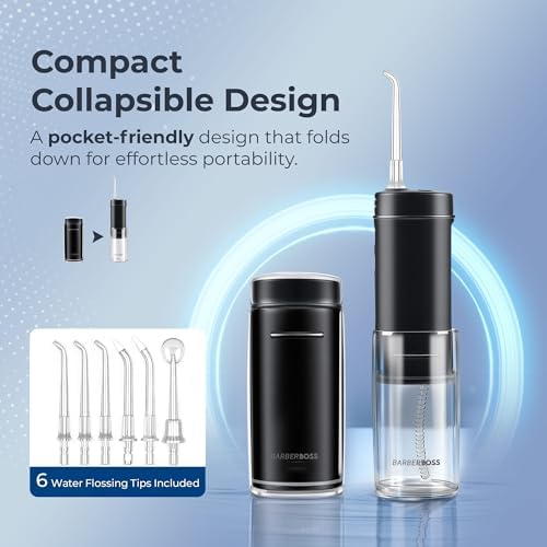 Tragbare Munddusche, kabelloses Mundduschegerät für Reisen, 3 Druckstufen, 6 Aufsätze, IPX8 Teleskop-Wassertank, USB-C wiederaufladbare Taschen-Munddusche, QR-7112 (Schwarz)