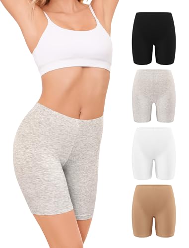 VOENXE Women's Cotton Cycling Shorts, Anti-Friction Thigh, Boxer Shorts, Women's Panty, Shorties Under Skirt or Dress, Women Leggings, Short Panty, Cotton, SeCURity, Protecting Comfort, Pack of 4
