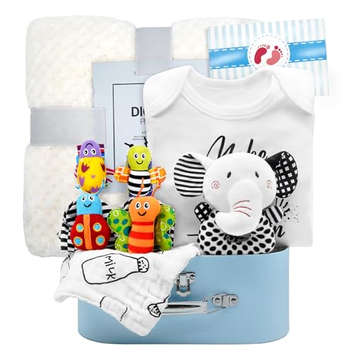 Baby Gift Basket Baby Shower Gifts for Boys Girls 10Pcs Baby Gift Set for Newborn, Baby Boy Gifts for Baby Shower Baby Gifts Gender Neutral Baby Items for 036912 Months(Onesie Blanket Rattles Bib)
