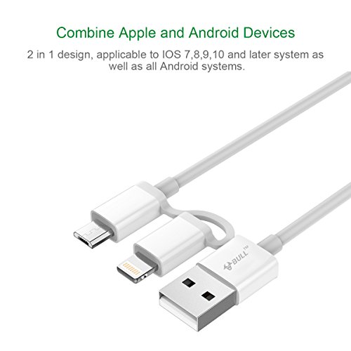 BULL 2 in 1 Apple Lightning and Micro USB Cable, 8 Pin Lightning with MFi Certified, Dual Connector Sync and Charge Cable for iPhone 8 7 6 5 iPad iPod Samsung HTC and More, 3ft White