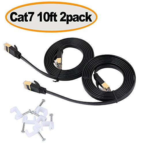 Cat 7 Ethernet Cable 10 ft Flat, Shielded Cat7 Solid Ethernet Patch Cord, Fastest Internet RJ45 Short Wire for Modem, Router, LAN, Computer - Higher Speed Than Cat 5e, Cat6 Network (10Ft-2pack-Black)