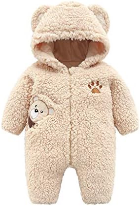 (3-12M) Unisex Baby Romper Keep Warm Thick Character Zipper Cartoon Beer Hooded Jumpsuit