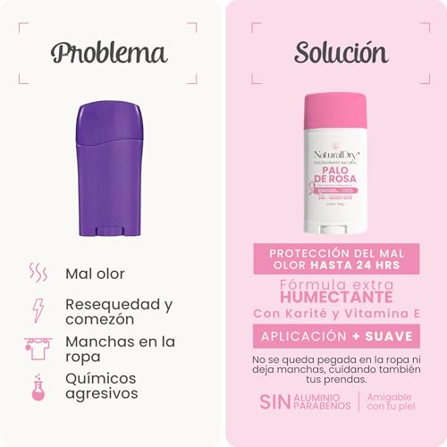 NaturalDry - ARTESANAL - Desodorante Natural Mujer - No obstruye los poros - Hidrata tu piel - SIN ALUMINIO - Elimina el mal olor - Aroma Palo de Rosa - Barra (1 unidad)