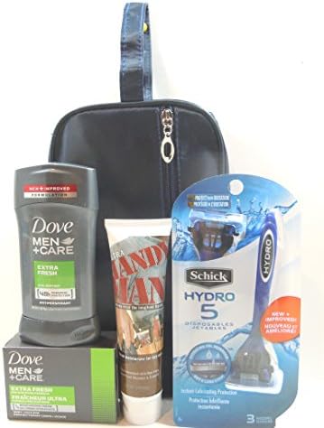 Men's Premium Skincare 5pc.Gift Set Schick Hydro 5 Disposable Razor 3 Count, Ultra Handy Man Skin Balm, Dove Men+Care Antiperspirant Deodorant, and Body +Face Soap Bar,Toiletry Bag.
