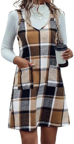 Milumia Women's Plaid V Neck Pinafore Overall Short Dress Losse