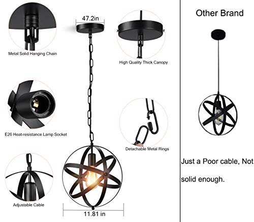 Industrial Pendant Light, 2 Pack Vintage Spherical Pendant Light Fixture with 39.3 Inches Adjustable Metal Chain - Thumbnail 2