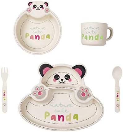 Honoen Creative Children'S 5 Piece Dinner Set, Made Natural Bamboo Fiber, Cute Panda Design for Picnics, Camping, Barbecues, Birthdays