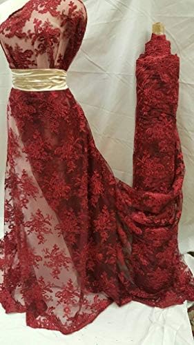 Burgundy Embroidered lace Floral Flowers Burgundy Cord Double Scalloped Prom Fabric Sold by The Yard Gown Quinceañera Bridal Evening Dress