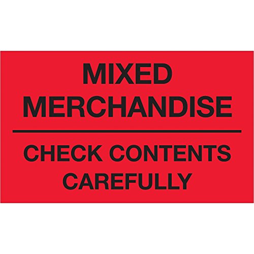 Tape Logic DL1111 Special Handling Label, Legend "Mixed Merchandise - Check Contents Carefully", 5" Length x 3" Width, Fluorescent Red (Roll of 500)