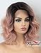 K'ryssma Ombre Pink Lace Front Wig Wavy Rose Blonde Short Bob Synthetic Wig with Dark Roots L Part Pastel Pink Ombre Wigs with Deep Side Parting