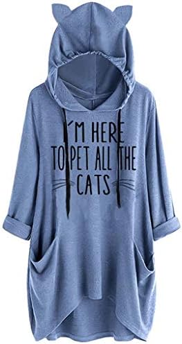 KIMODO Women Plus Size Casual Print Cat Ear Hooded Long Sleeves Pocket Top Blouse Shirt
