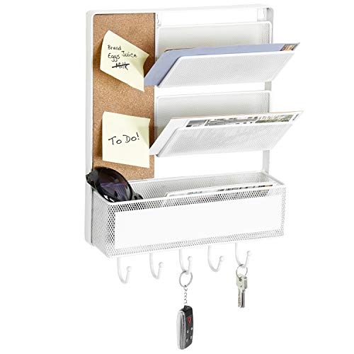 MyGift White Mesh Metal Wall Mounted Organizer with Cork Board & 5 Key Hooks