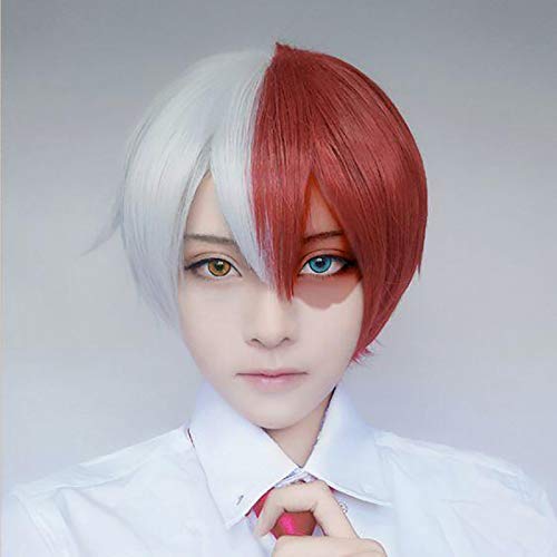 Baruisi Half Red Half White Wig Short Hair Anime Cosplay Wig Straight Synthetic Wigs for Men Halloween Costume Party