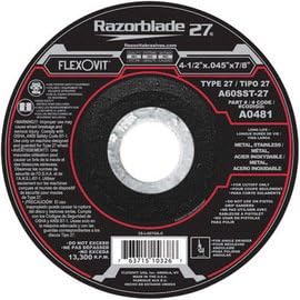 FlexOVit Wheel Cutoff 4-1/2"X.045"X7/8" Type 27 A60Sst-27 Razorblade 27 Long Life Metal Stainless For Angle Grinder For Cutoff Only Do Not Grind Depressed Center -1 Box of 25