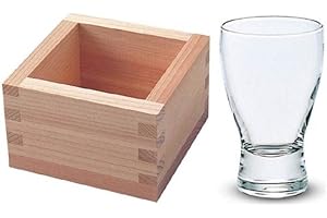 Happy Japanese Masu and Glass Sake Set - Wooden Square Cups and Cold Glass for Sake