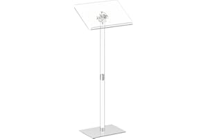 HMYHUM Small Acrylic Podium Stand, Angle Adjustable, 17.7" L x 13" W x 42.3" H, Modern Lecterns & Pulpits for Classroom, Concert, Church, Speech, Easy Assembly, Metal Base, Clear
