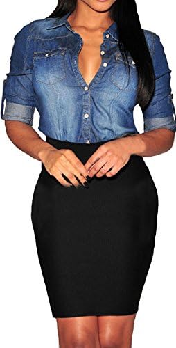 Womens Long Sleeve Basic Classic Denim Chambray Blouse Slim Tops Button Down Shirts