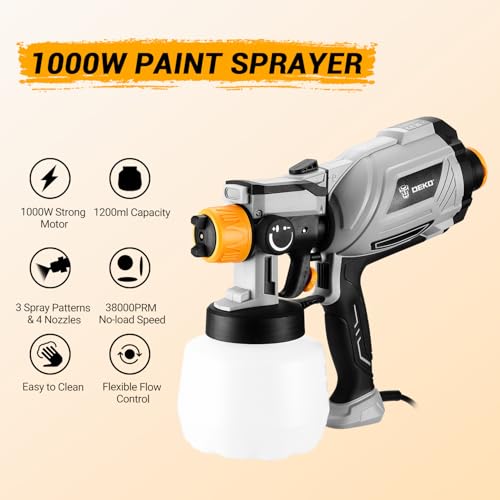 Paint Sprayer for Walls and Ceilings 1000W: 1200ml DEKOPRO HVLP Fence Spray Paint Gun with High Capacity Container,Easy to Clean,for House Painting,Furniture,Cabinets, Walls, Door, Garden Chairs etc