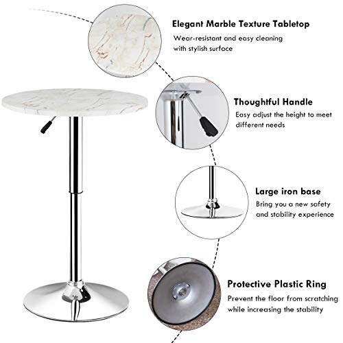 Giantex Round Pub Table Height Adjustable, 360° Swivel Cocktail Pub Table with Sliver Leg and Base for Home, Office Bar Table (White) (1)