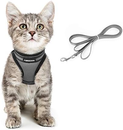 Rabbitgoo 小動物用 猫用 ハーネス 胴輪 猫用首輪 猫リード ペット用 ネコ用 小型ペット ネコ ねこ 猫 子猫 頭を通さず装着完成 マジックテープで装着 サイズ調節可 夜反射 通気メッシュ 散歩 軽量 抜けない 歩行補助 S グレー リード付き