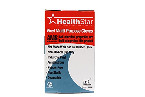 Healthstar Anti-microbial Vinyl Multi-Purpose glove, Medium, Disposable, Powder Free, Industrial Quality, Comfortable (Box of 50)