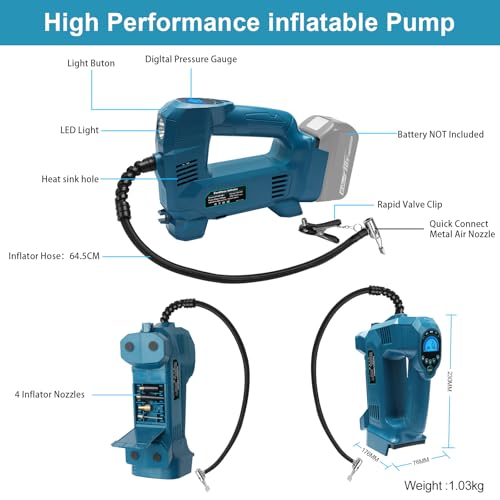 QUPERR Battery Compressor Compatible with Makita 18 V Battery, Electric Air Compressor up to 10.34 Bar with LED Light & Auto Stop, Portable Air Pump for Car, Motorcycle, Bicycle, Balls (without Battery)