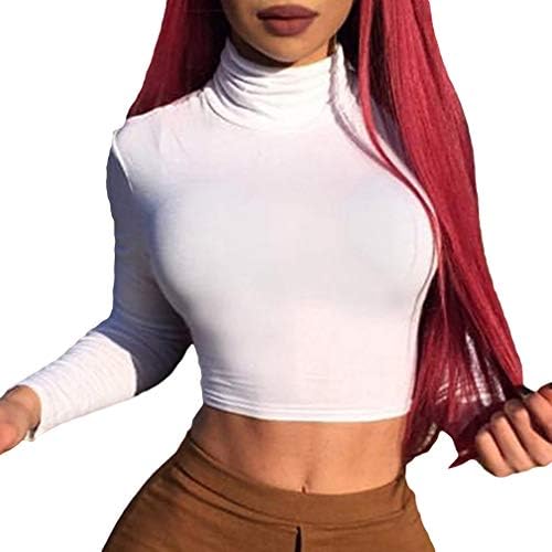 Women's Crop T Shirt Sexy Slim Solid Turtleneck Short Top Fall Casual Long Sleeve Clubwear Blue Dark Green Black Grey White