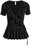 Womens Deep V Neck Short Sleeve Wrap Tie Top Peplum Ruffle Shirt - USA