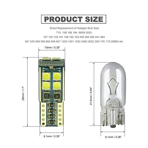 DODOFUN T10 Xenon White Car Interior Exterior Replacement Bulb Map Dome Door Trunk Cargo Tag Number Plate LED Light 168 175 194 2825 W5W Size (Pack of 10) - Thumbnail 2