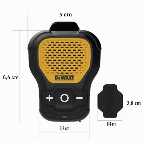 DEWALT Jobsite Pro Wearable Bluetooth Speaker, Mini Portable Wireless Speaker with Clip and Magnets, IP56 Waterproof and Dustproof, Built-in Microphone, Perfect for Construction Site and Outdoor