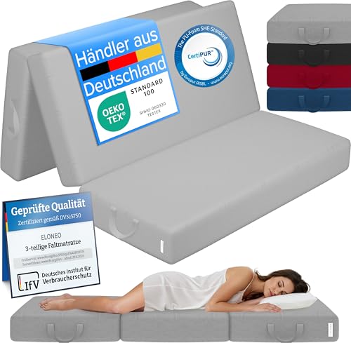 ELONEO Klappmatratze, Gästematratze, 3-teilige Faltmatratze, Schaumstoff extra dick (15cm), waschbar, Bandscheibenwürfel, klappbar, Faltbare Matratze,