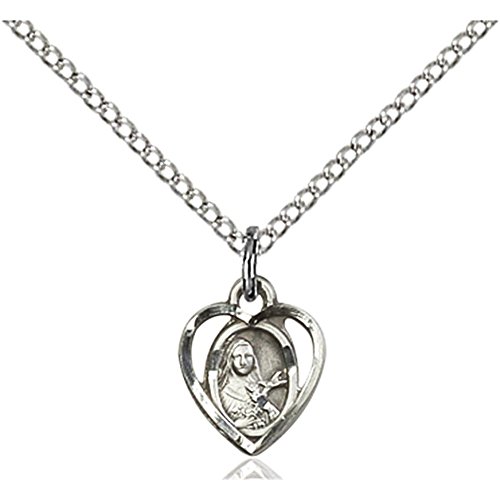 Sterling Silver St. Theresa Pendant 3/8 x 1/4 inches with Sterling Silver Lite Curb Chain
